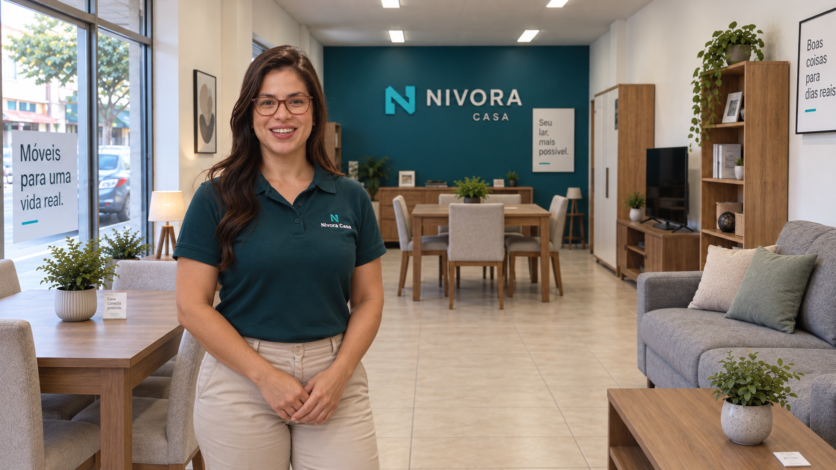 Personagem da Nivora Casa com uniforme da marca em um ambiente ilustrativo amplo de móveis