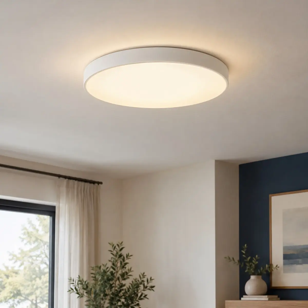 Conceito de plafon circular branco iluminando ambiente residencial